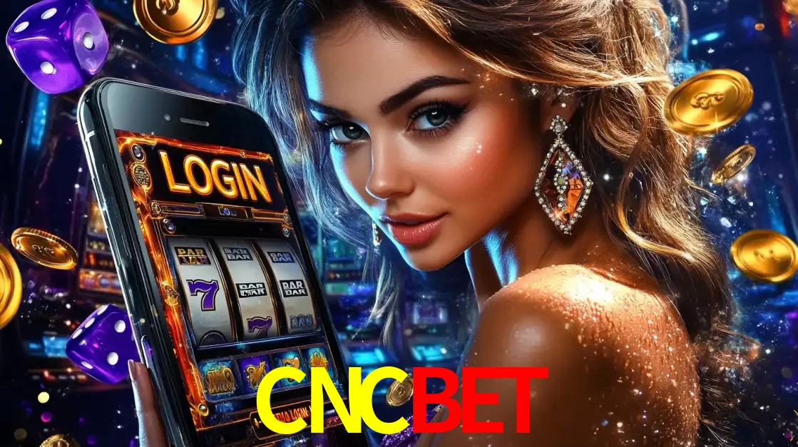 Mulher glamorosa segurando um smartphone com a tela de login para os jogos de caça-níqueis do cassino online CNCBET, com moedas de ouro e dados ao redor.