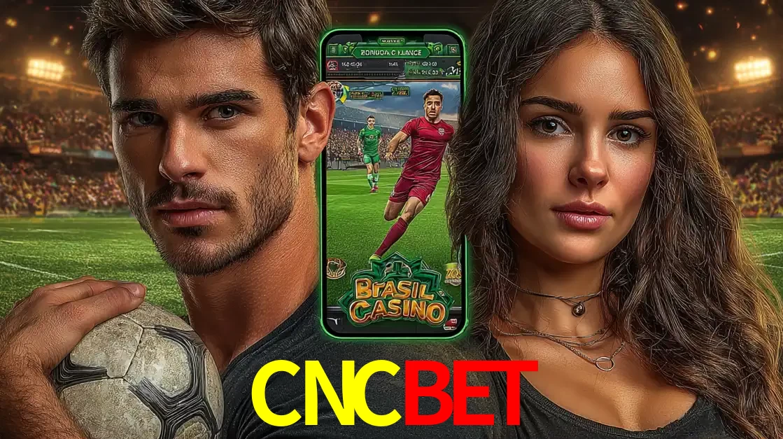Homem segurando uma bola de futebol e uma mulher ao lado de um smartphone exibindo o jogo de apostas esportivas da CNCBET. Faça seu palpite no cassino online.